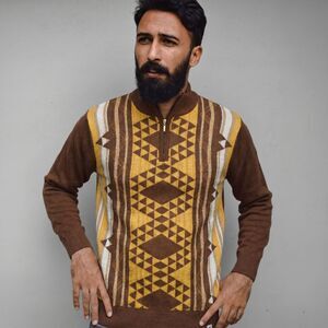 Stacy Adams Sweater Mens Medium Quarter Zip Geometric Aztec Knit Brown Retro